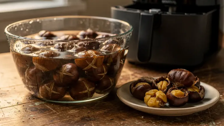 Châtaignes à l’airfryer : trempez-les 45 minutes dans l’eau froide après les avoir entaillées