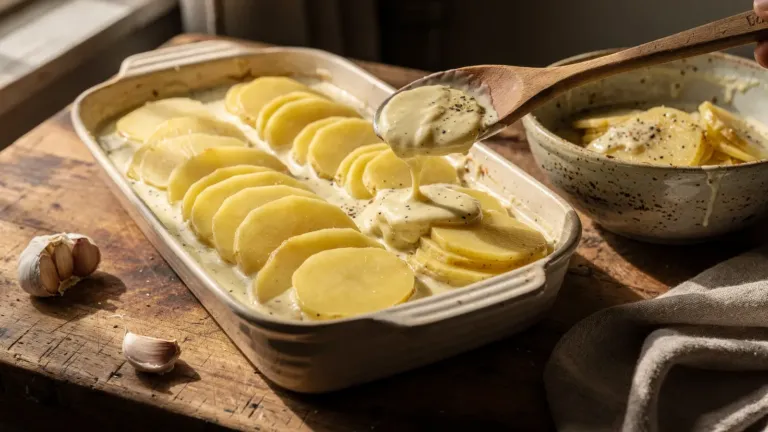 Gratin dauphinois : enrobez les rondelles de crème avant de les disposer dans le plat