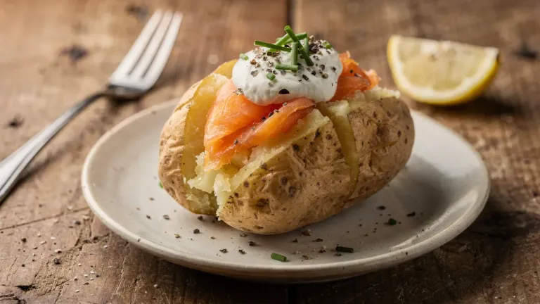 Pomme de terre au saumon fumé et à la crème : la recette au micro-ondes puis au four