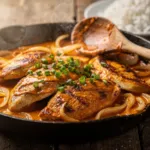 Poulet à la poêle : ma recette aux oignons fondants et paprika, avec une sauce sans crème