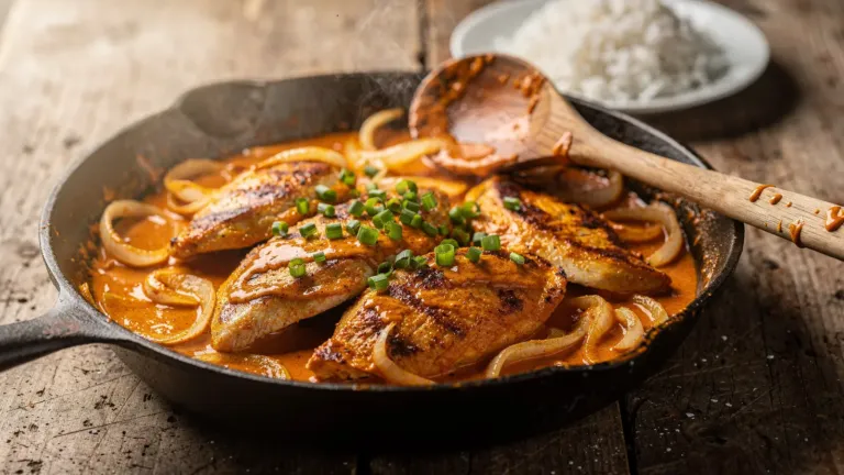 Poulet à la poêle : ma recette aux oignons fondants et paprika, avec une sauce sans crème