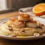 Saint-Jacques : une purée de panais et de marrons accompagnée de noisettes et d’agrumes