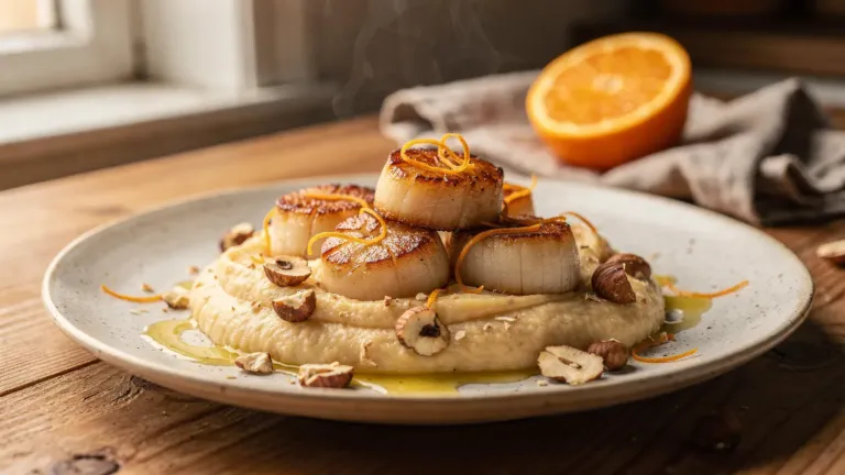 Saint-Jacques : une purée de panais et de marrons accompagnée de noisettes et d’agrumes